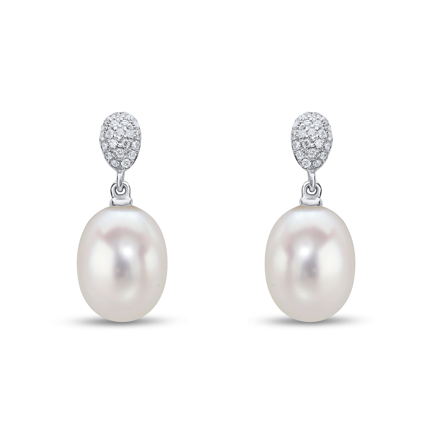 18ct White Gold Natural Pearl and Pave Diamond Oval Top Drop Earrings — 8.5mm