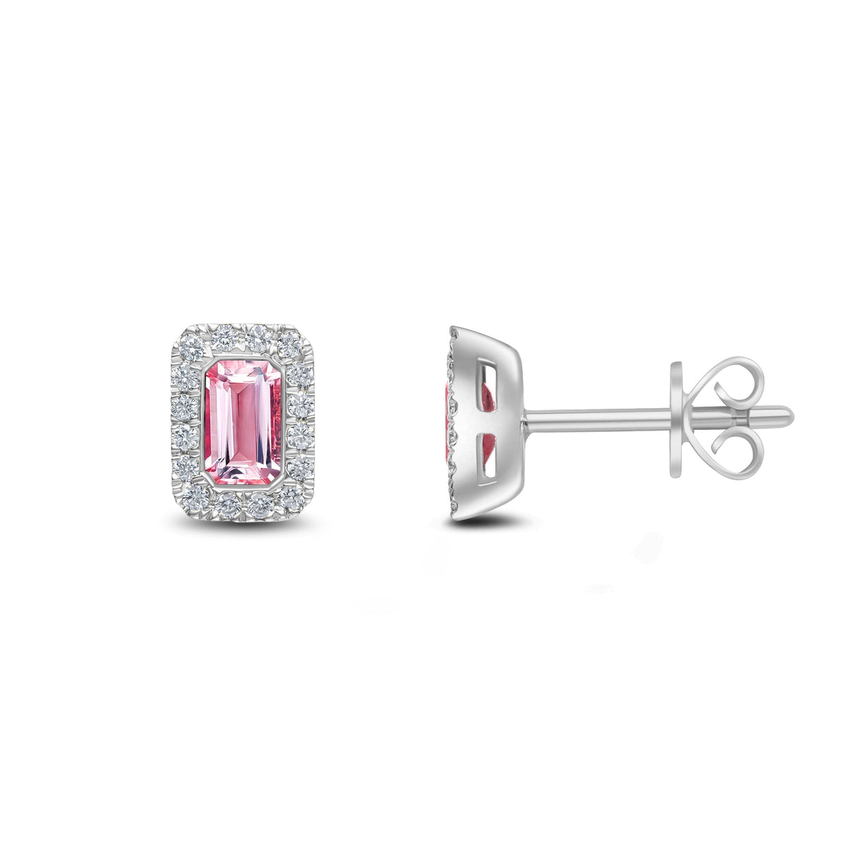 18ct White Gold Octagonal Natural Pink Sapphire & Diamond Cluster Stud Earrings — 5x3mm