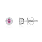 18ct White Gold Round Natural Pink Sapphire & Diamond Cluster Stud Earrings — 3mm