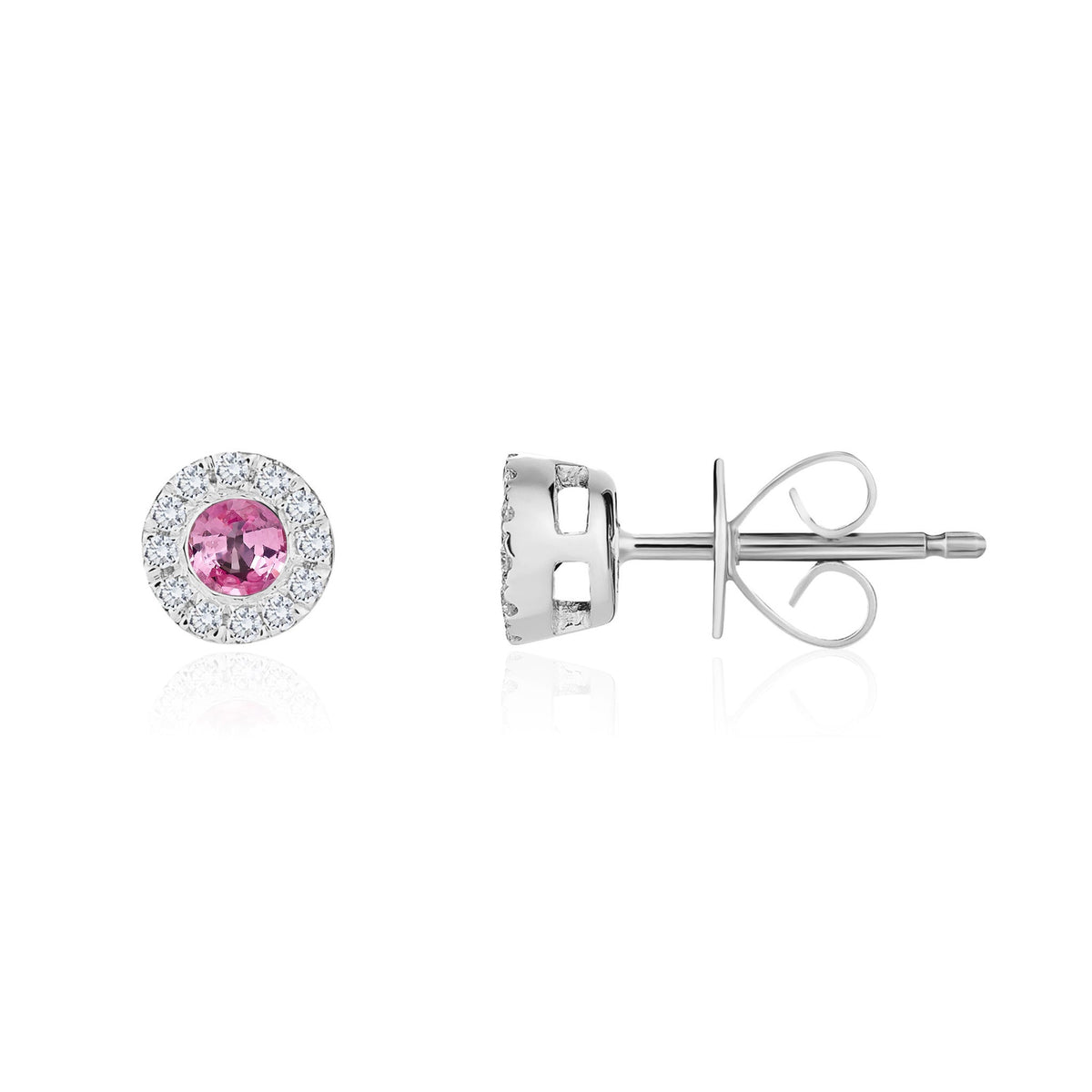 18ct White Gold Round Natural Pink Sapphire & Diamond Cluster Stud Earrings — 3mm