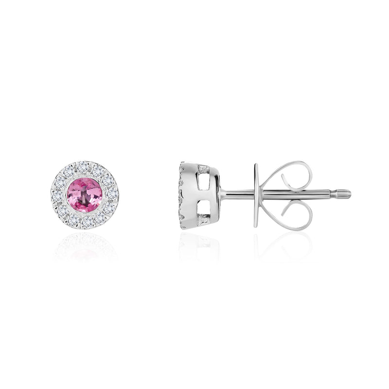 18ct White Gold Round Natural Pink Sapphire & Diamond Cluster Stud Earrings — 3mm