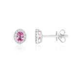18ct White Gold Oval Natural Pink Sapphire & Diamond Microset Cluster Stud Earrings — 4x3mm
