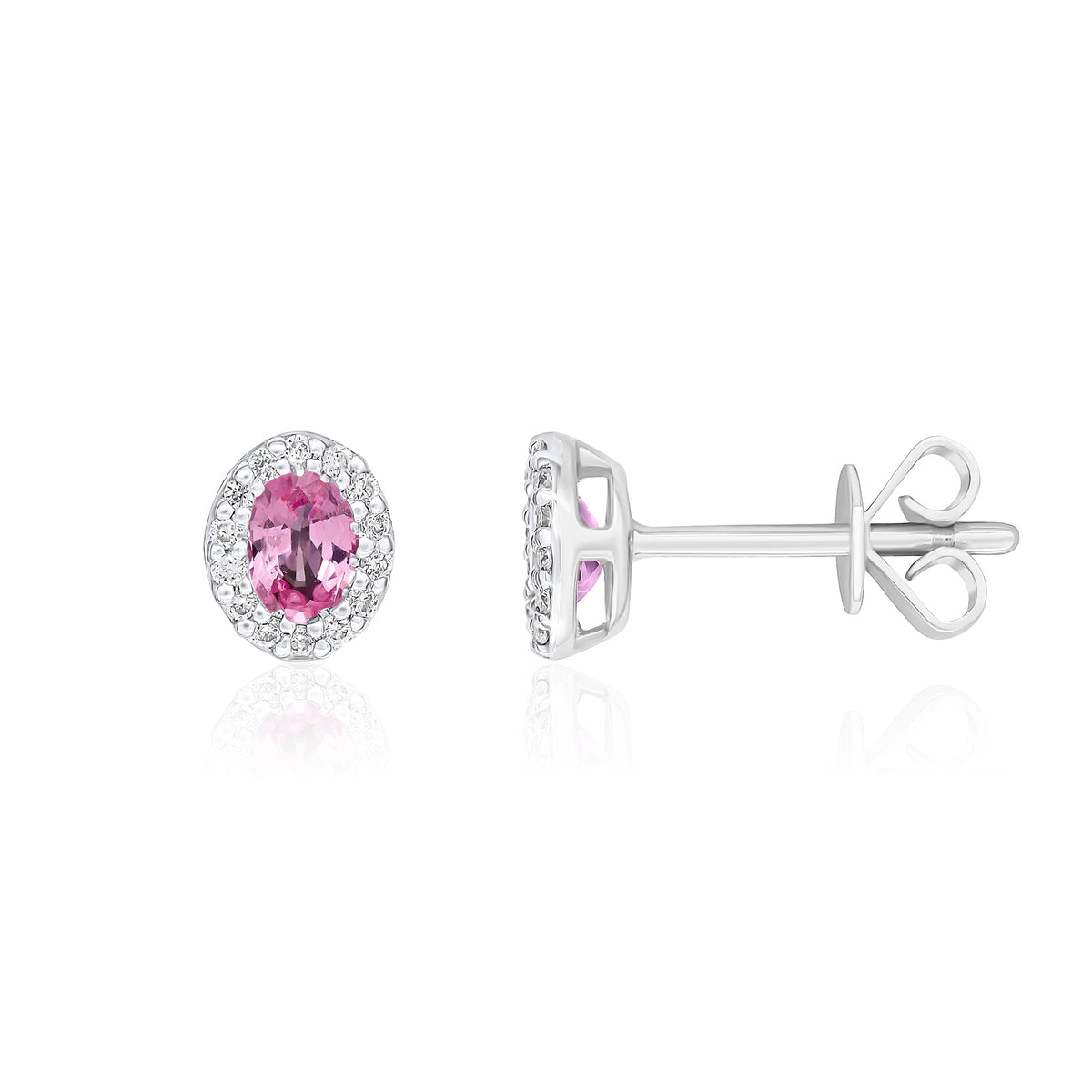 18ct White Gold Oval Natural Pink Sapphire & Diamond Microset Cluster Stud Earrings — 4x3mm