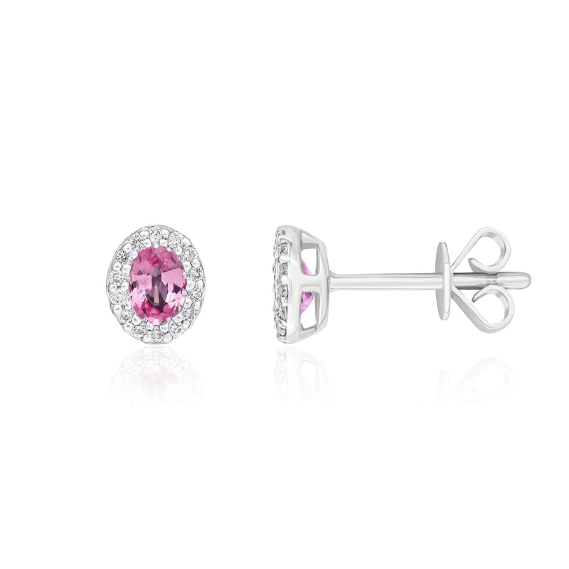 18ct White Gold Oval Natural Pink Sapphire & Diamond Microset Cluster Stud Earrings — 4x3mm