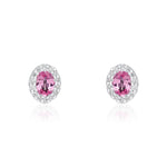 18ct White Gold Oval Natural Pink Sapphire & Diamond Microset Cluster Stud Earrings — 4x3mm