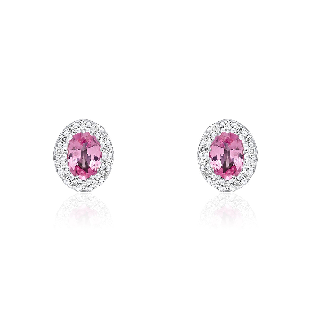 18ct White Gold Oval Natural Pink Sapphire & Diamond Microset Cluster Stud Earrings — 4x3mm