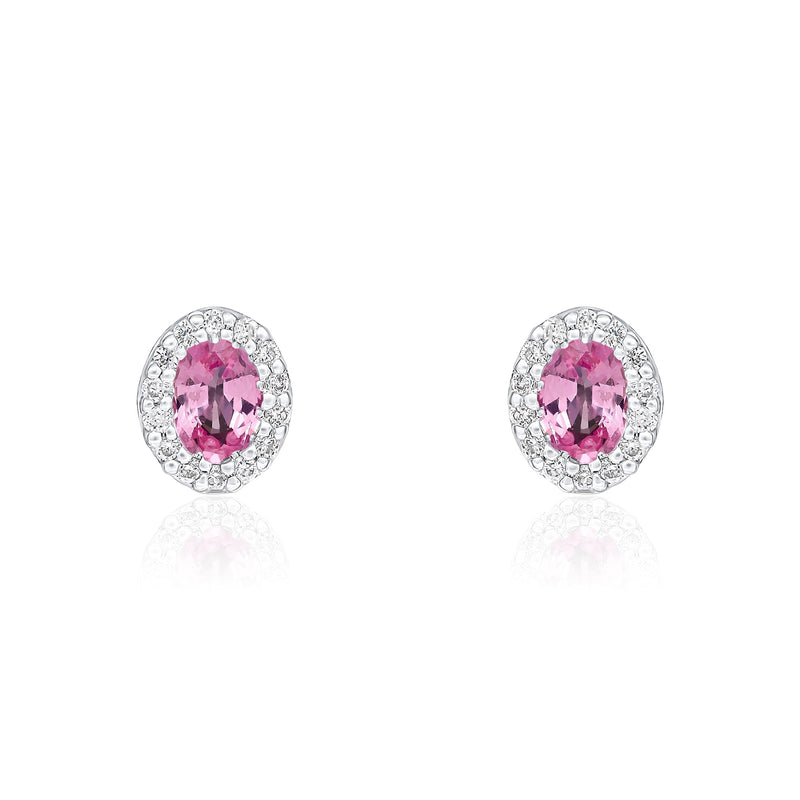 18ct White Gold Oval Natural Pink Sapphire & Diamond Microset Cluster Stud Earrings — 4x3mm