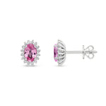 18ct White Gold Oval Natural Pink Sapphire & Diamond Claw Set Cluster Stud Earrings — 6x4mm