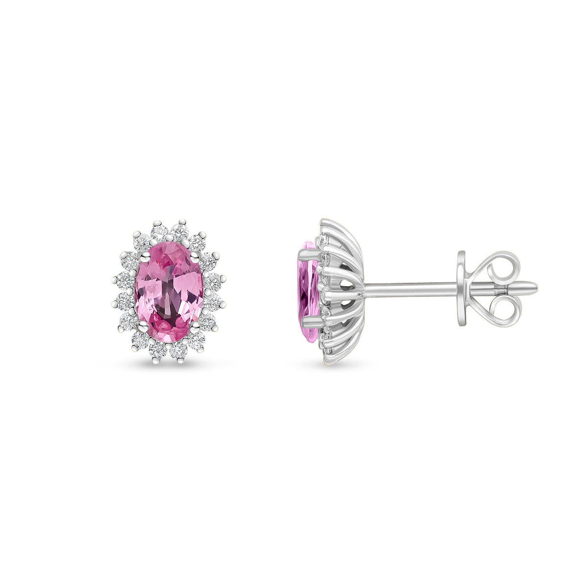 18ct White Gold Oval Natural Pink Sapphire & Diamond Claw Set Cluster Stud Earrings — 6x4mm