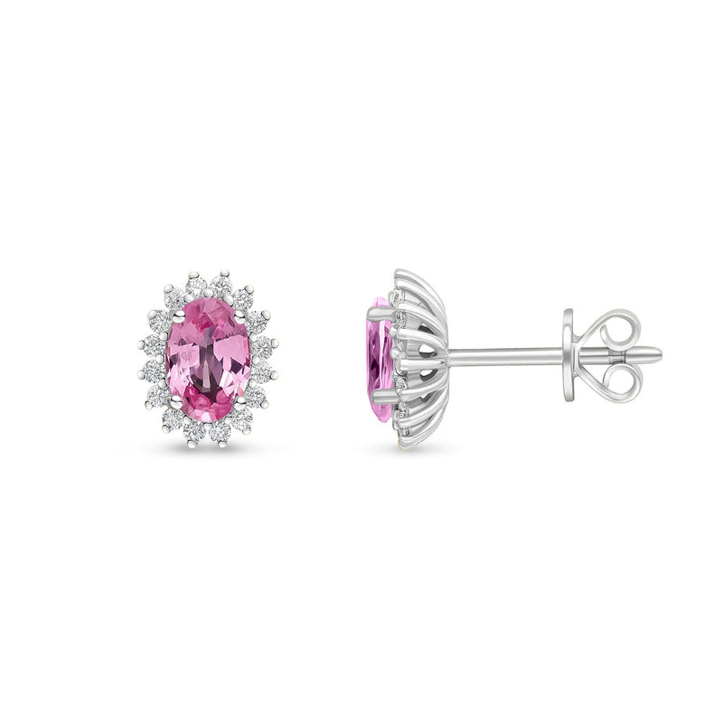 18ct White Gold Oval Natural Pink Sapphire & Diamond Claw Set Cluster Stud Earrings — 6x4mm
