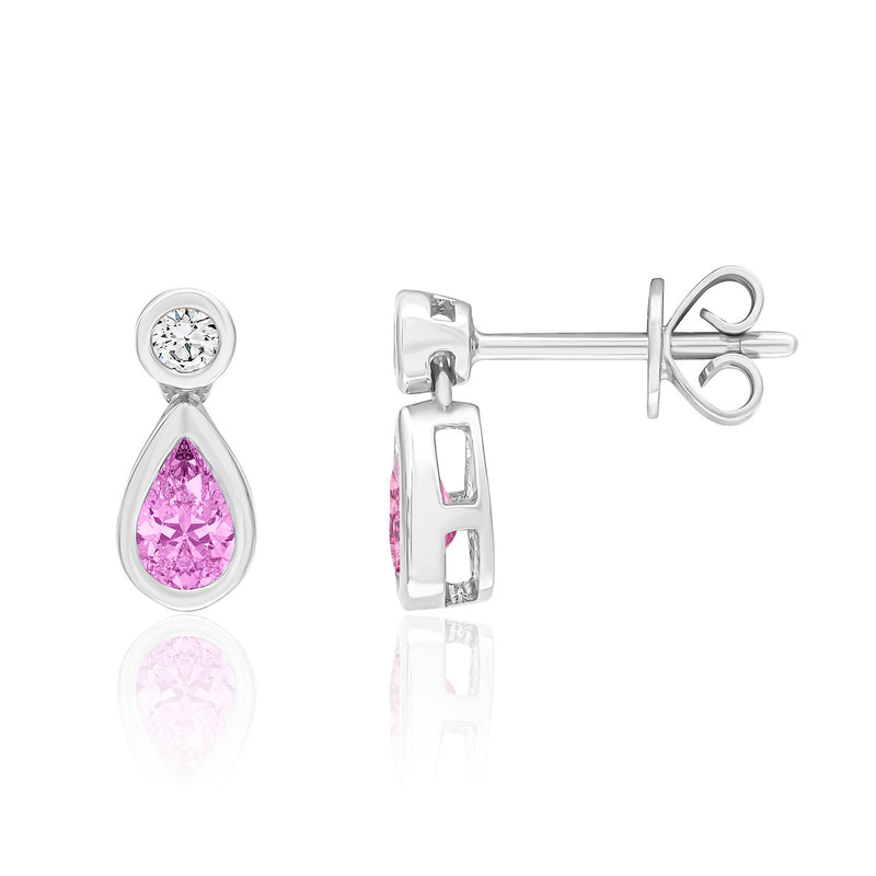 18ct White Gold Pear Shaped Natural Pink Sapphire & Diamond Two Stone Rubover Drop Earrings — 5x3mm