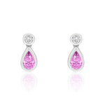 18ct White Gold Pear Shaped Natural Pink Sapphire & Diamond Two Stone Rubover Drop Earrings — 5x3mm