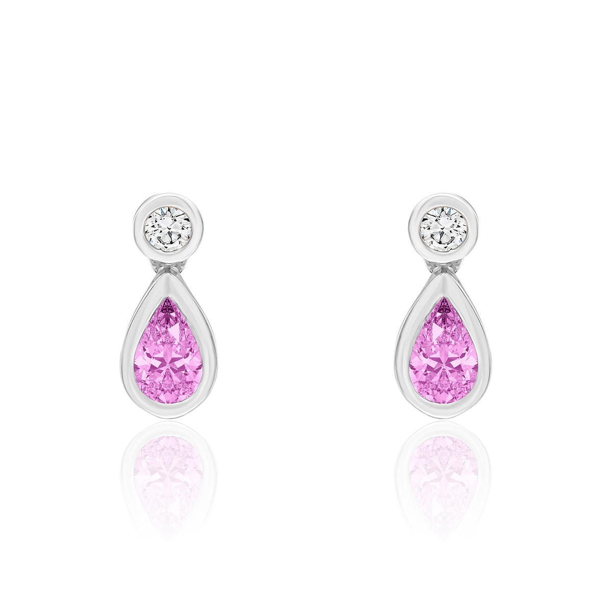 18ct White Gold Pear Shaped Natural Pink Sapphire & Diamond Two Stone Rubover Drop Earrings — 5x3mm