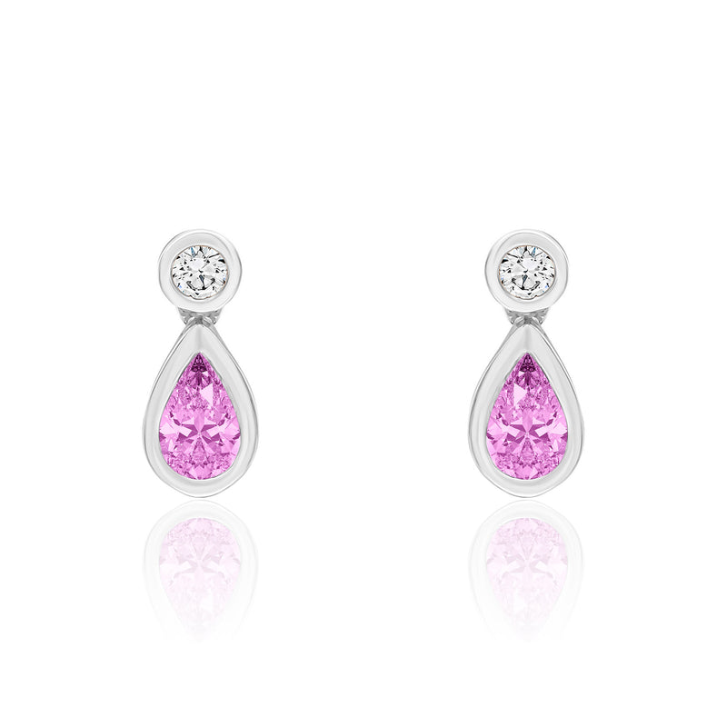 18ct White Gold Pear Shaped Natural Pink Sapphire & Diamond Two Stone Rubover Drop Earrings — 5x3mm