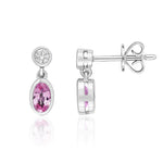 18ct White Gold Oval Natural Pink Sapphire & Diamond Two Stone Rubover Drop Earrings — 5x3mm