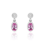 18ct White Gold Oval Natural Pink Sapphire & Diamond Two Stone Rubover Drop Earrings — 5x3mm