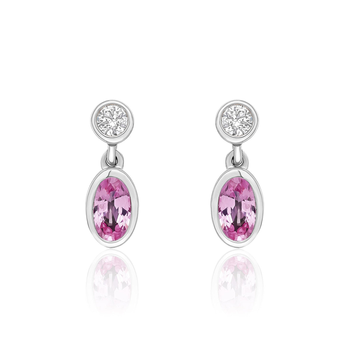 18ct White Gold Oval Natural Pink Sapphire & Diamond Two Stone Rubover Drop Earrings — 5x3mm