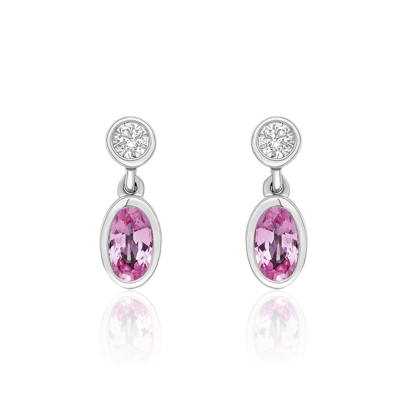 18ct White Gold Oval Natural Pink Sapphire & Diamond Two Stone Rubover Drop Earrings — 5x3mm