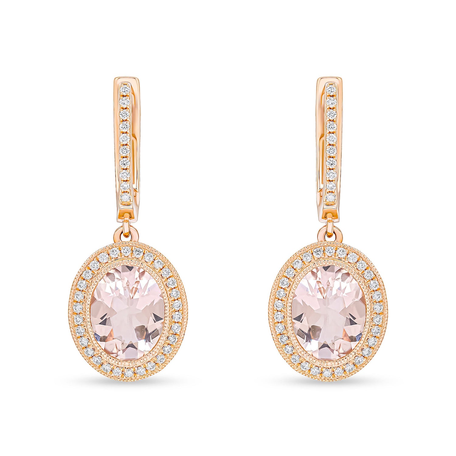 18ct Rose Gold Oval Natural Morganite and Diamond Cluster Drop Earrings — 9x7mm