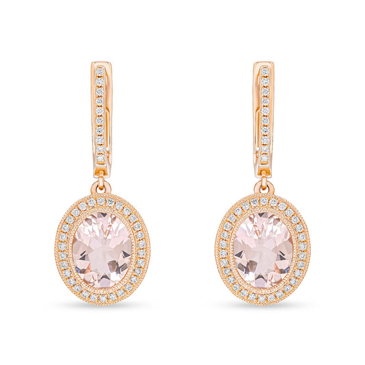 18ct Rose Gold Oval Natural Morganite and Diamond Cluster Drop Earrings — 9x7mm