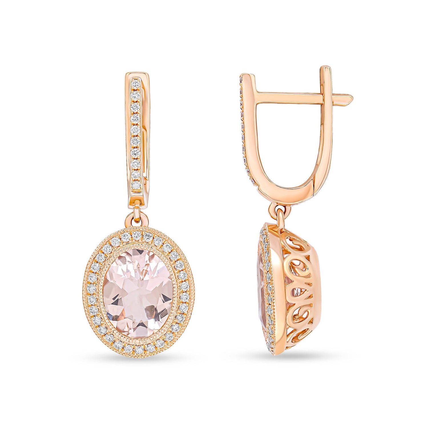 18ct Rose Gold Oval Natural Morganite and Diamond Cluster Drop Earrings — 9x7mm
