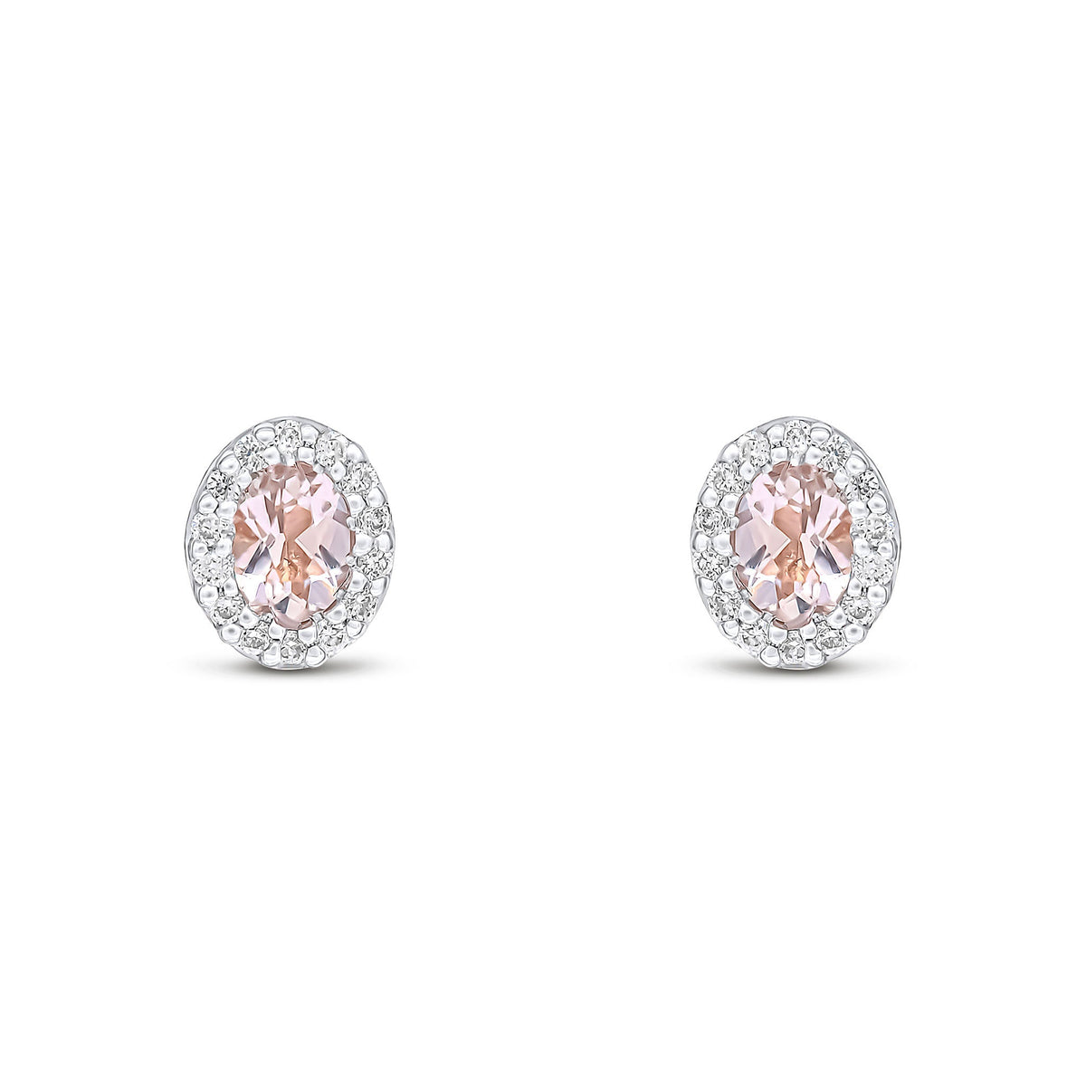 18ct Rose Gold Oval Natural Morganite & Diamond Microset Cluster Stud Earrings — 4x3mm