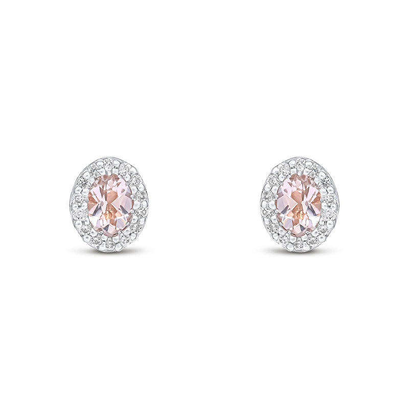 18ct Rose Gold Oval Natural Morganite & Diamond Microset Cluster Stud Earrings — 4x3mm