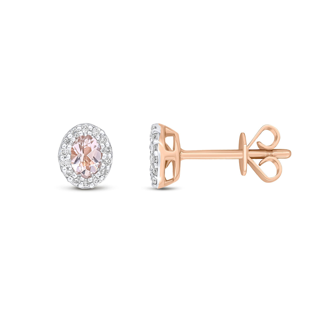 18ct Rose Gold Oval Natural Morganite & Diamond Microset Cluster Stud Earrings — 4x3mm