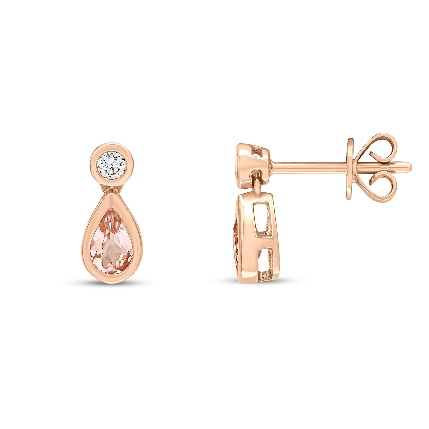 18ct Rose Gold Pear Shaped Natural Morganite and Round Diamond Two Stone Earrings — 5x3mm