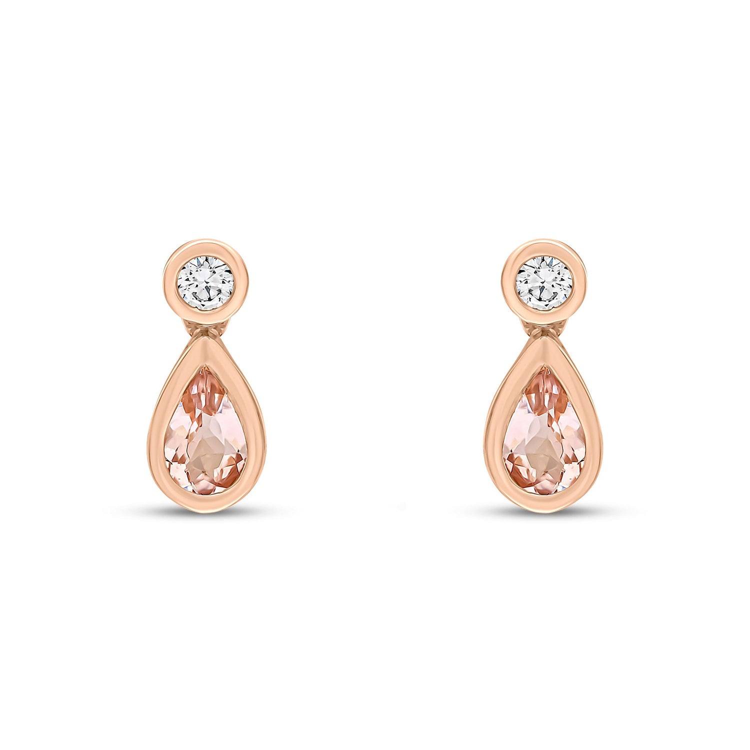 18ct Rose Gold Pear Shaped Natural Morganite and Round Diamond Two Stone Earrings — 5x3mm