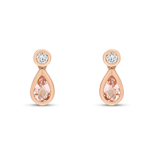 18ct Rose Gold Pear Shaped Natural Morganite and Round Diamond Two Stone Earrings — 5x3mm