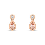 18ct Rose Gold Pear Shaped Natural Morganite & Diamond Two Stone Rubover Drop Earrings — 5x3mm