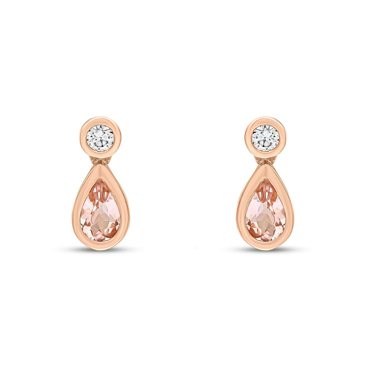 18ct Rose Gold Pear Shaped Natural Morganite & Diamond Two Stone Rubover Drop Earrings — 5x3mm