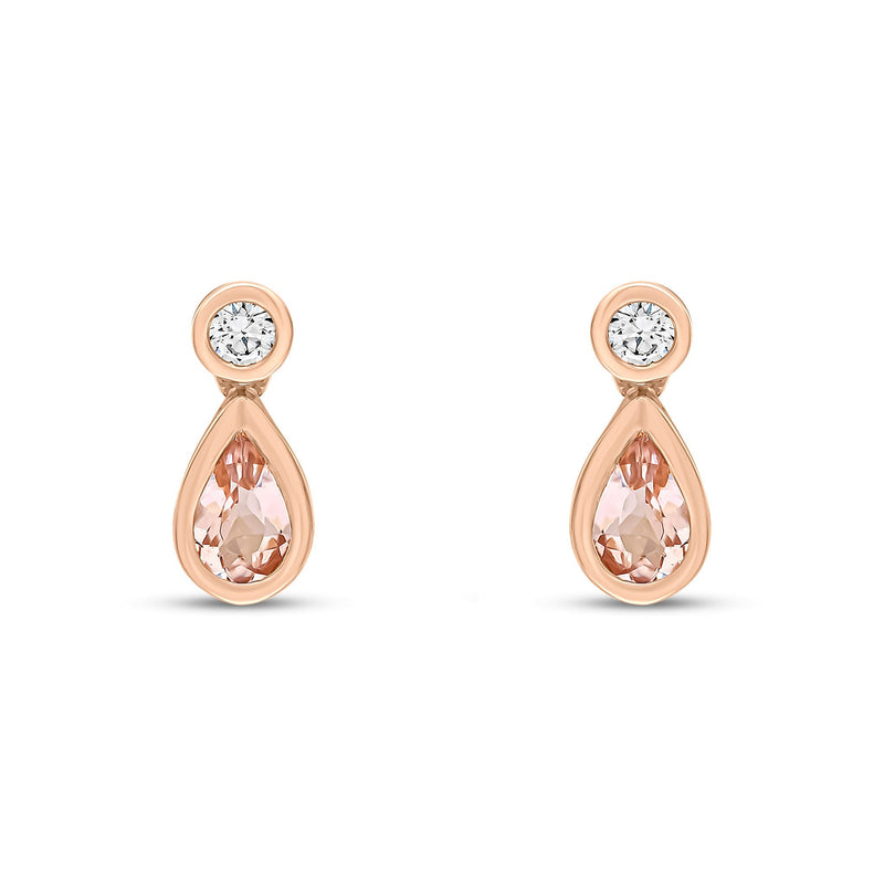 18ct Rose Gold Pear Shaped Natural Morganite & Diamond Two Stone Rubover Drop Earrings — 5x3mm