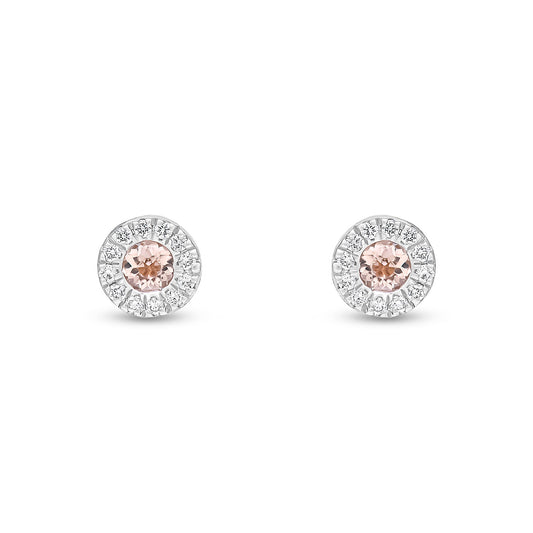 18ct Rose Gold Round Natural Morganite and Diamond Cluster Stud Earrings
