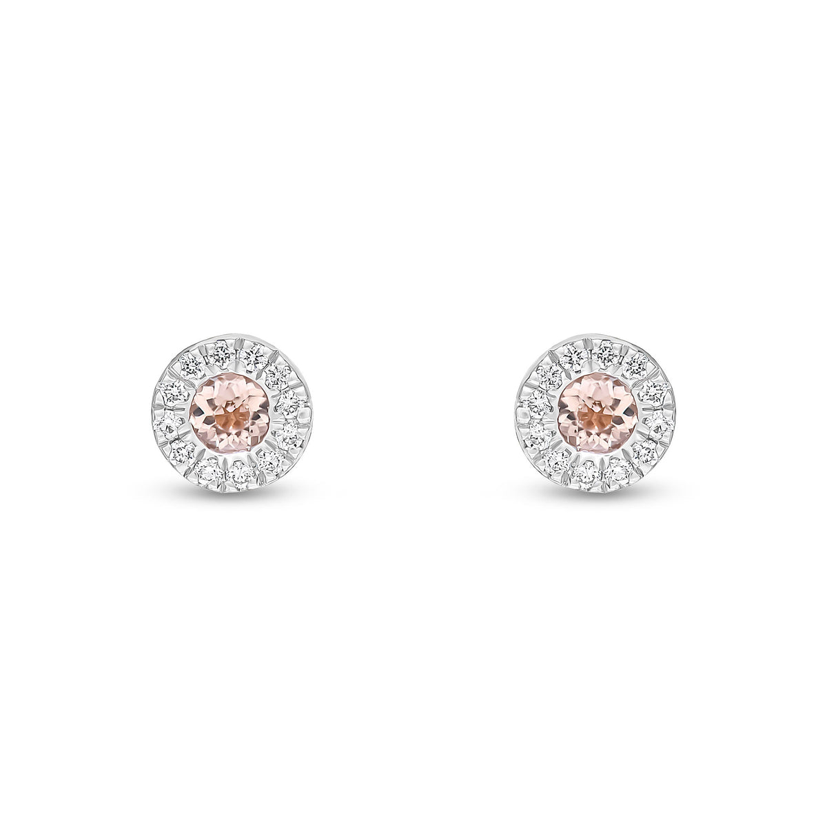 18ct Rose Gold Round Natural Morganite & Diamond Cluster Stud Earrings — 3mm