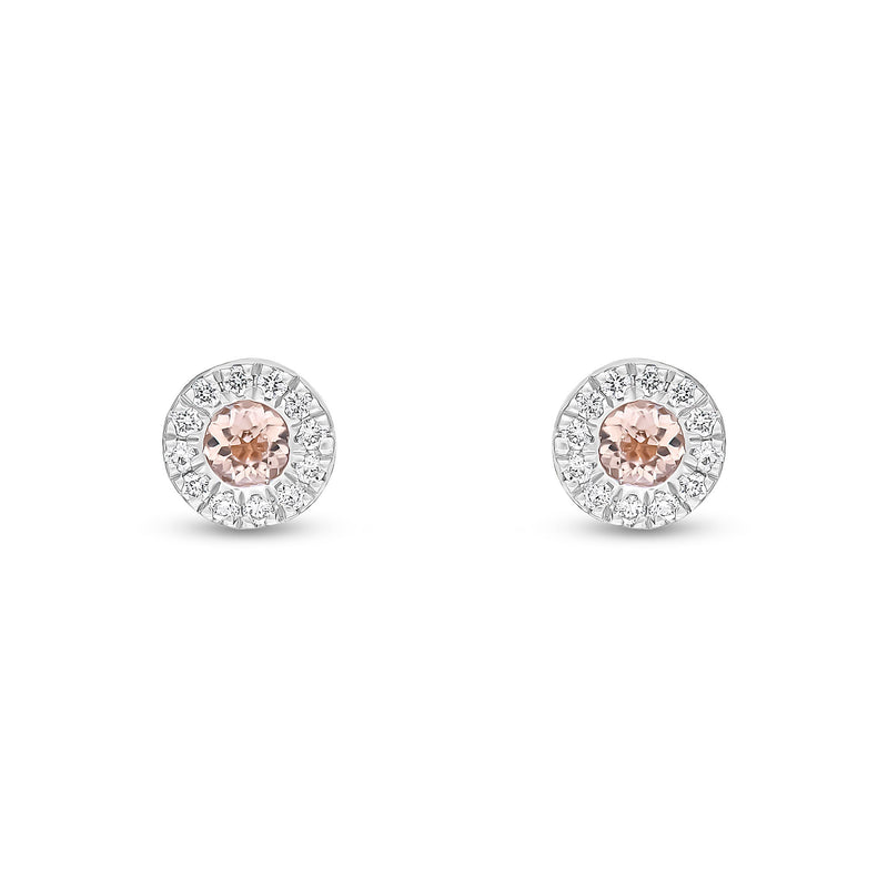 18ct Rose Gold Round Natural Morganite & Diamond Cluster Stud Earrings — 3mm