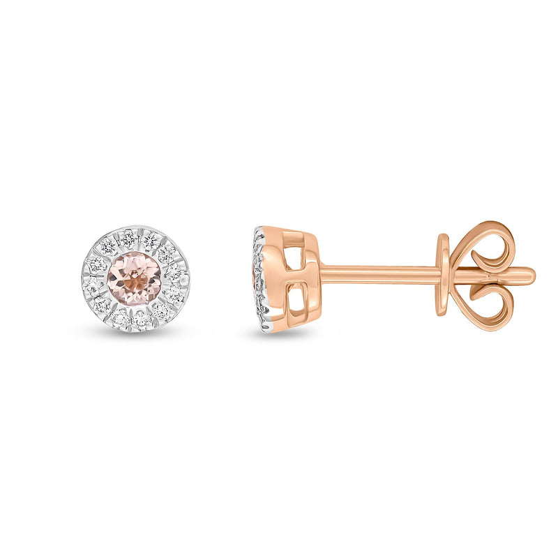 18ct Rose Gold Round Natural Morganite & Diamond Cluster Stud Earrings — 3mm