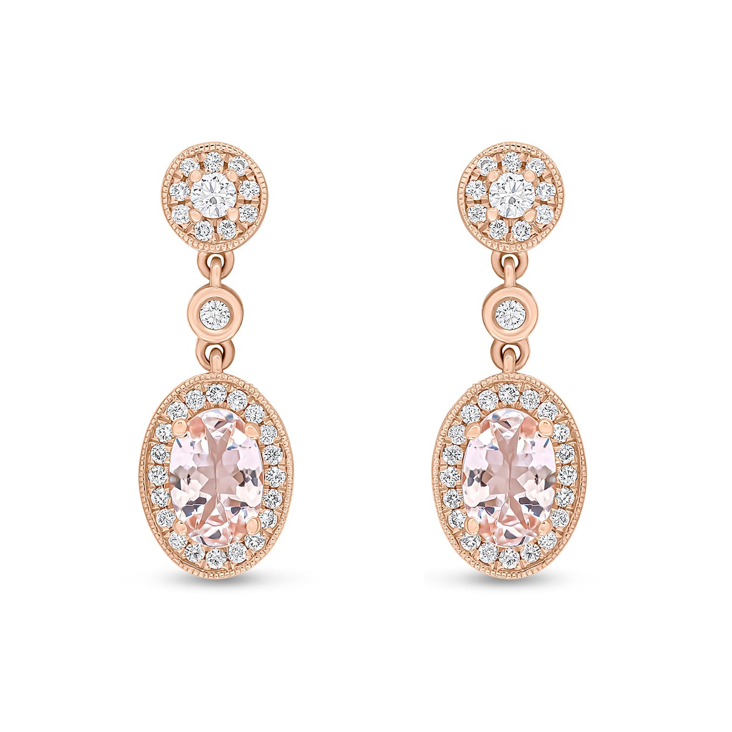18ct Rose Gold Oval Natural Morganite and Diamond Cluster Drop Earrings with Diamond Cluster Top — 6x4mm
