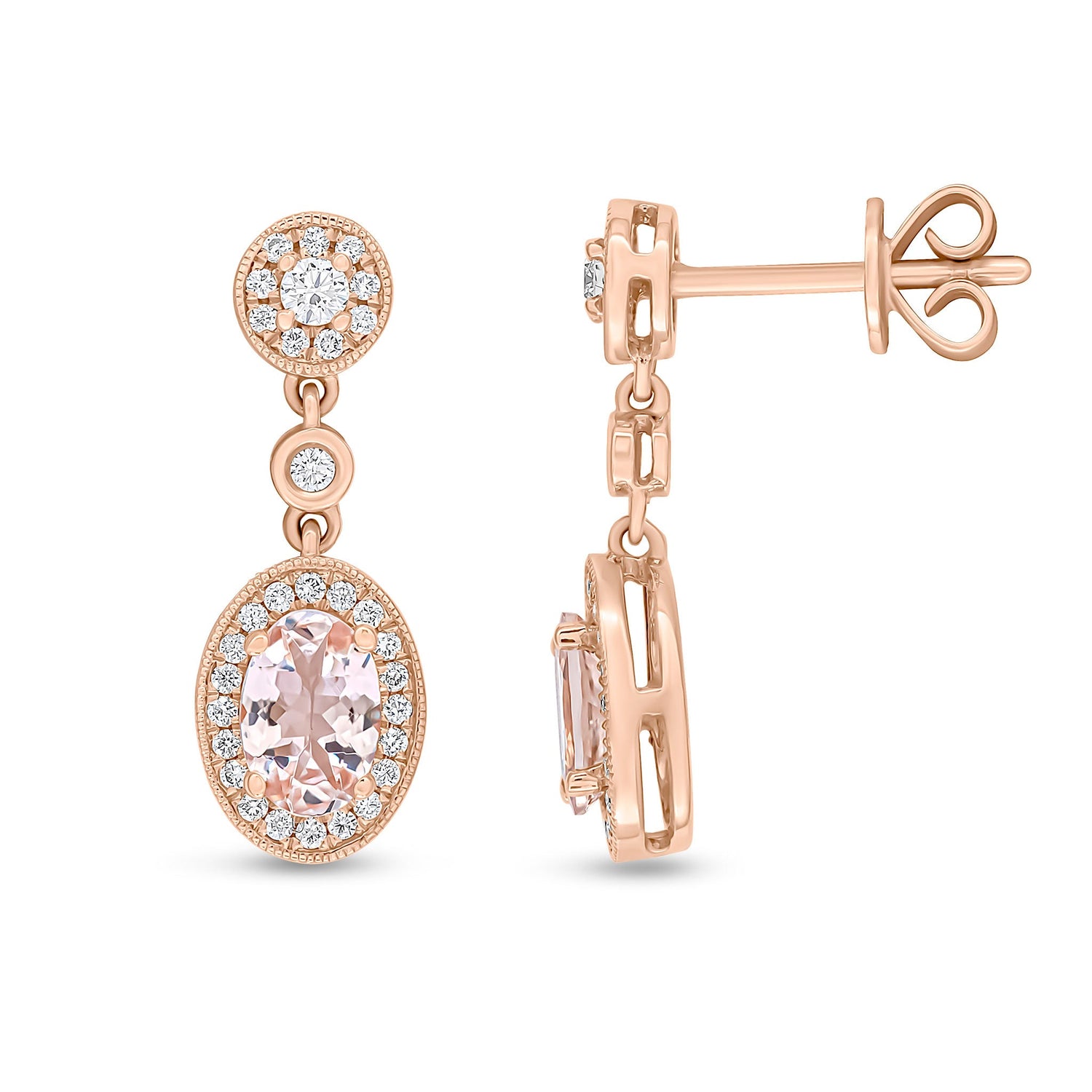 18ct Rose Gold Oval Natural Morganite and Diamond Cluster Drop Earrings with Diamond Cluster Top — 6x4mm