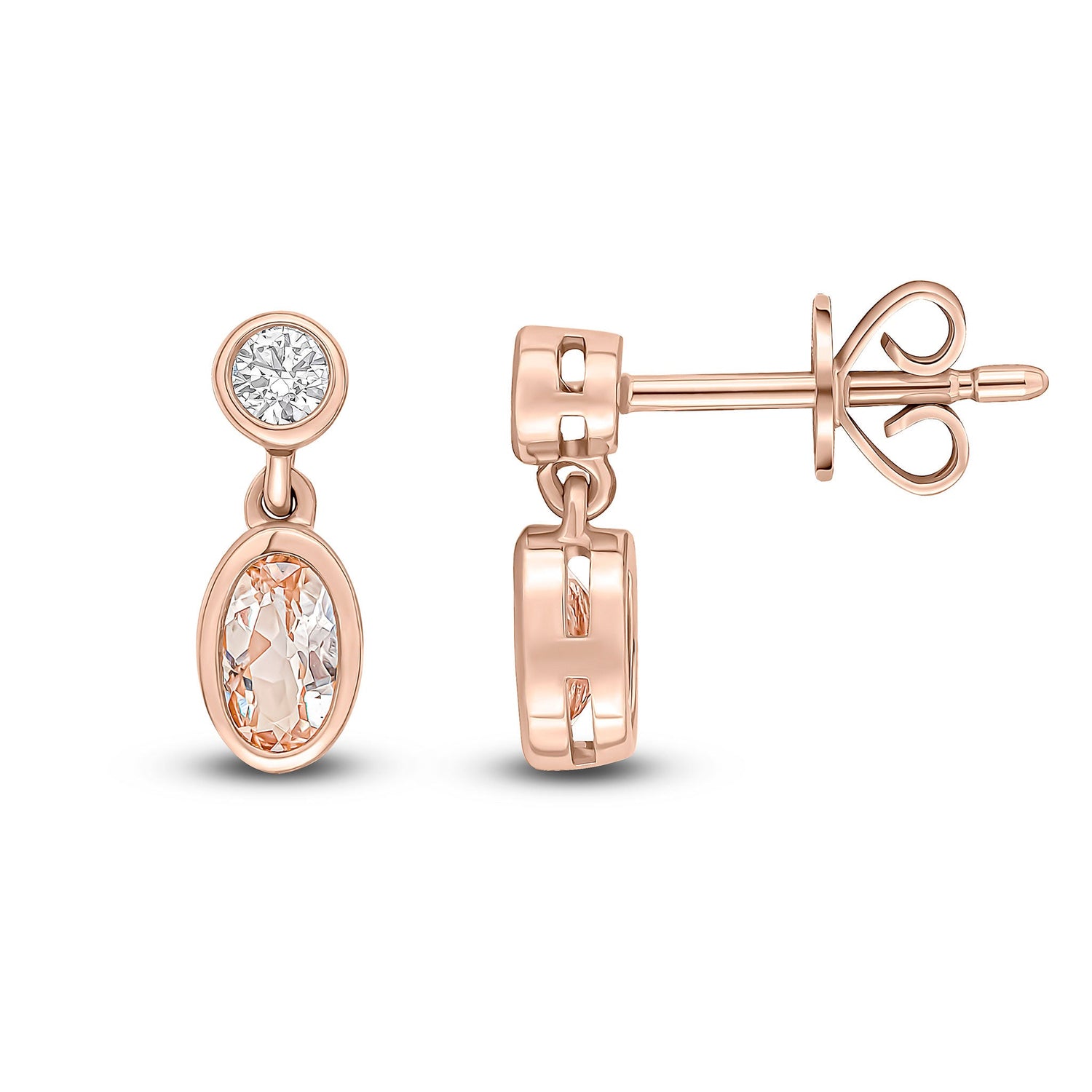 18ct Rose Gold Oval Morganite & Diamond Two Stone Drop Earrings