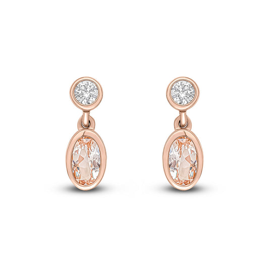 18ct Rose Gold Oval Natural Morganite and Diamond Two Stone Drop Earrings