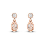 18ct Rose Gold Oval Natural Morganite & Diamond Two Stone Rubover Drop Earrings — 5x3mm