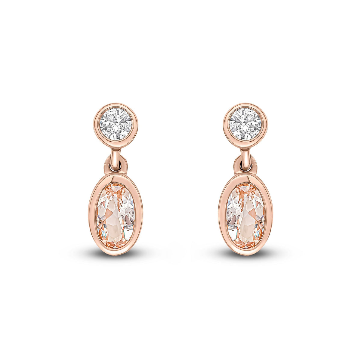 18ct Rose Gold Oval Natural Morganite & Diamond Two Stone Rubover Drop Earrings — 5x3mm