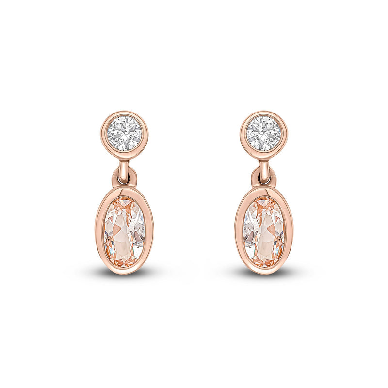 18ct Rose Gold Oval Natural Morganite & Diamond Two Stone Rubover Drop Earrings — 5x3mm