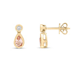 18ct Yellow Gold Pear Shaped Natural Morganite & Diamond Two Stone Rubover Drop Earrings — 5x3mm