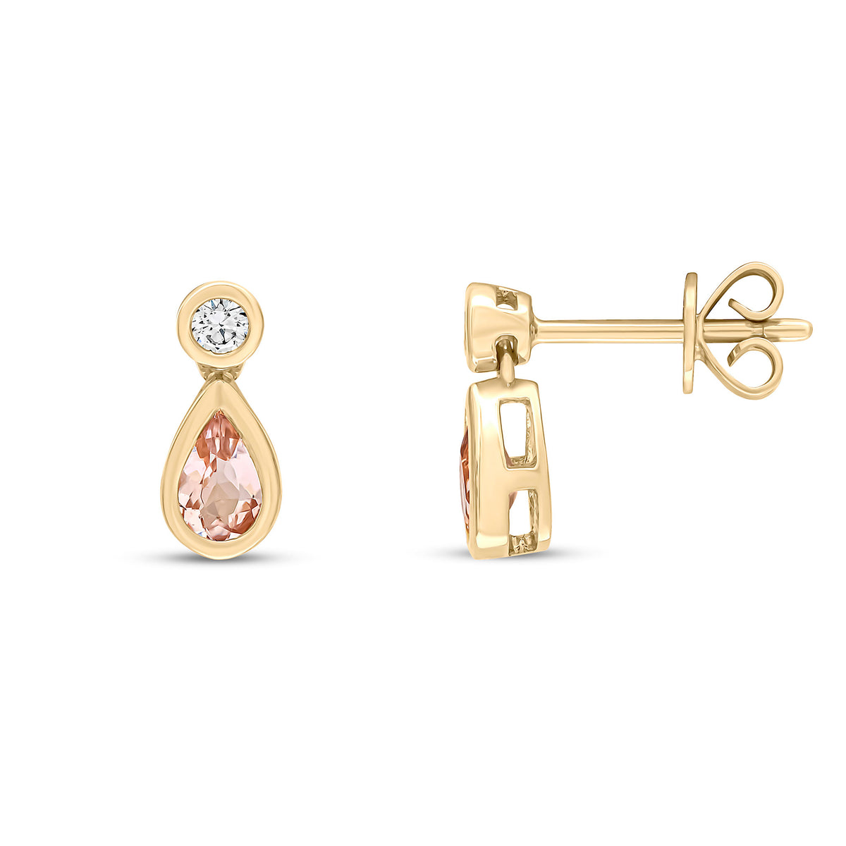 18ct Yellow Gold Pear Shaped Natural Morganite & Diamond Two Stone Rubover Drop Earrings — 5x3mm