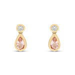 18ct Yellow Gold Pear Shaped Natural Morganite & Diamond Two Stone Rubover Drop Earrings — 5x3mm