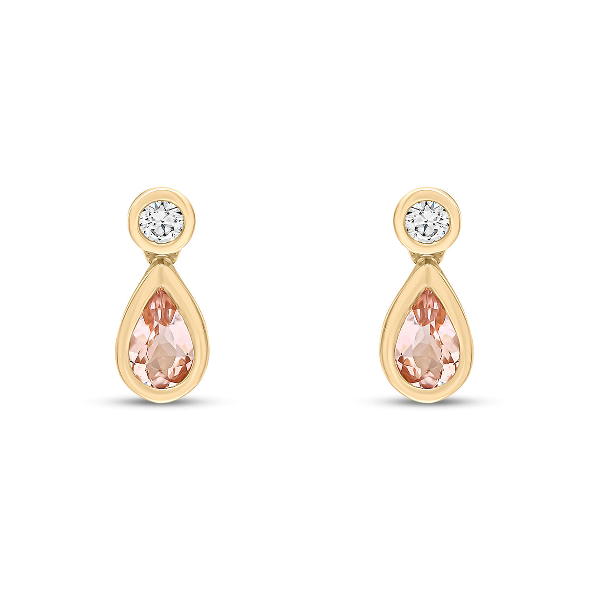 18ct Yellow Gold Pear Shaped Natural Morganite & Diamond Two Stone Rubover Drop Earrings — 5x3mm