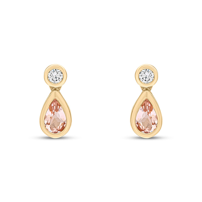 18ct Yellow Gold Pear Shaped Natural Morganite & Diamond Two Stone Rubover Drop Earrings — 5x3mm